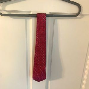 Hermes Pink Red Silk Neck Tie With Blue Gray Horseshoes